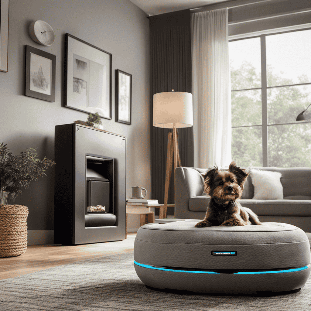 An image showcasing a cozy living room with a sleek, modern air purifier placed strategically near a fluffy dog bed