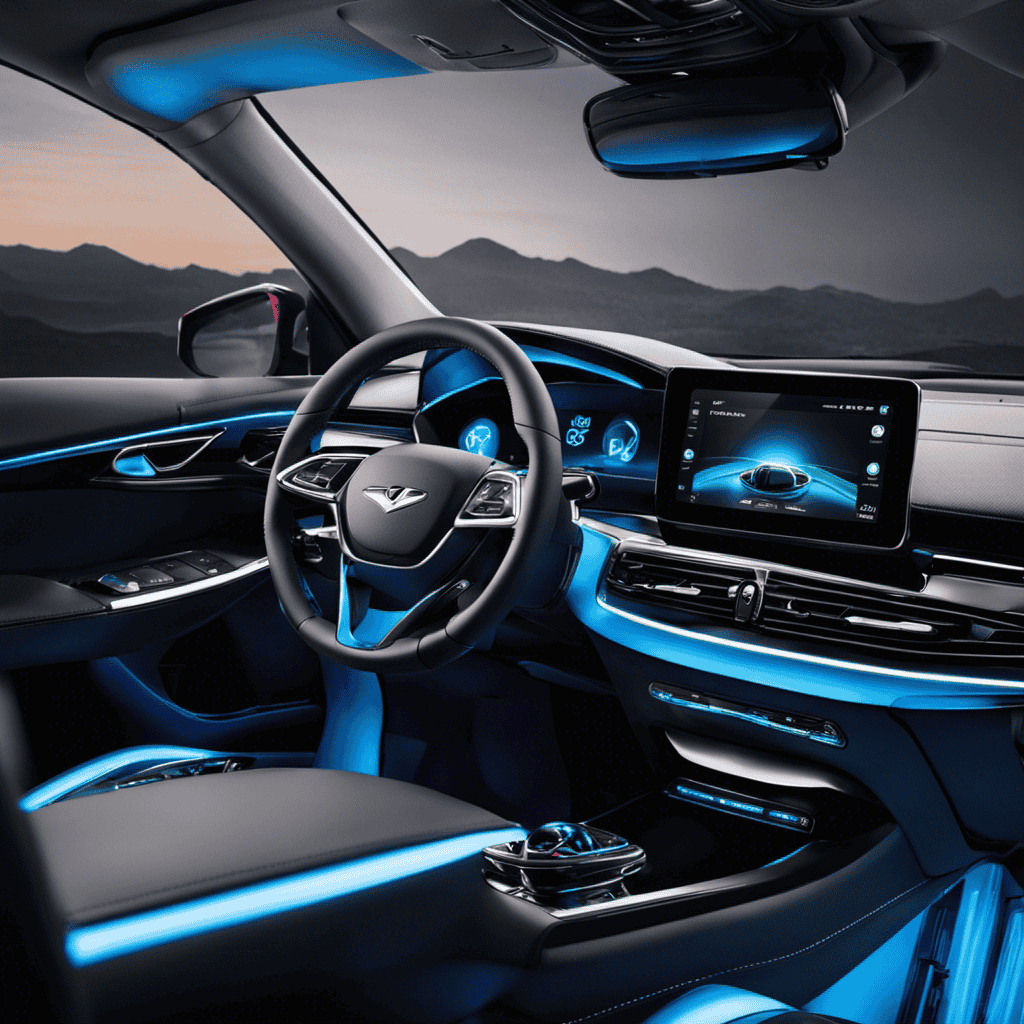 An image featuring a sleek, modern car interior with a high-quality air purifier mounted on the dashboard