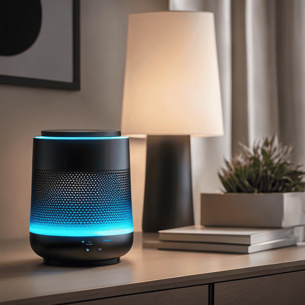 An image featuring a sleek, compact air purifier perched on a side table, emitting a gentle blue glow