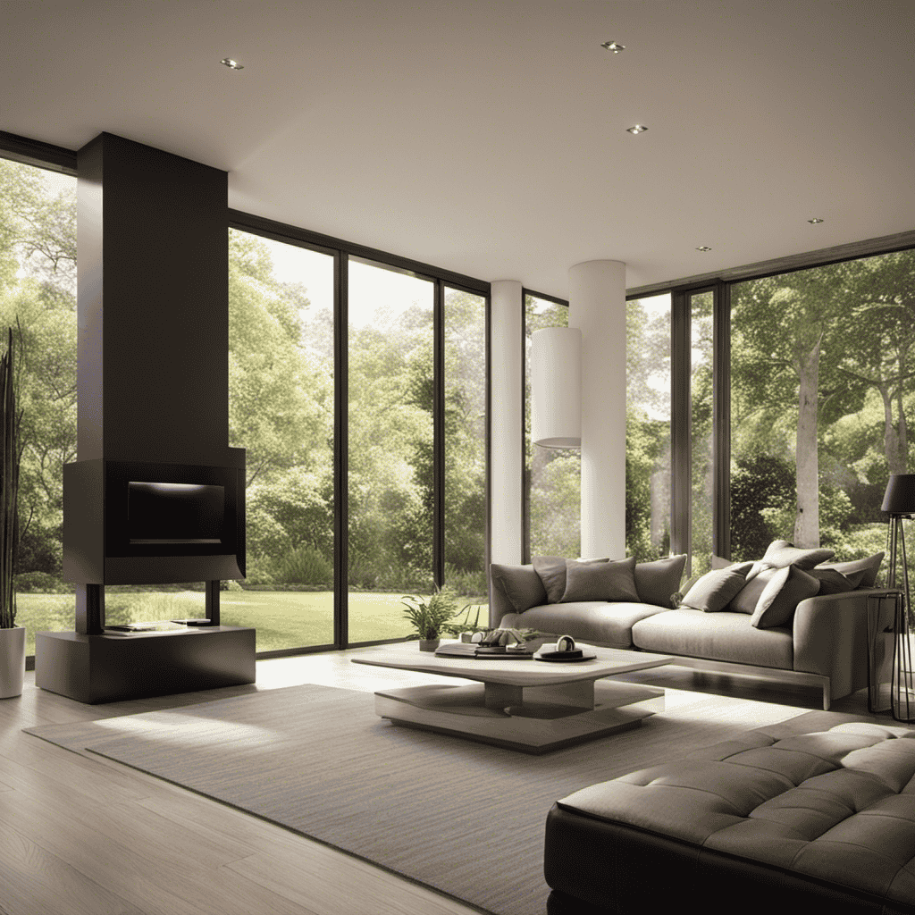 An image showcasing a sleek, modern living room with sunlight streaming in through spotless windows