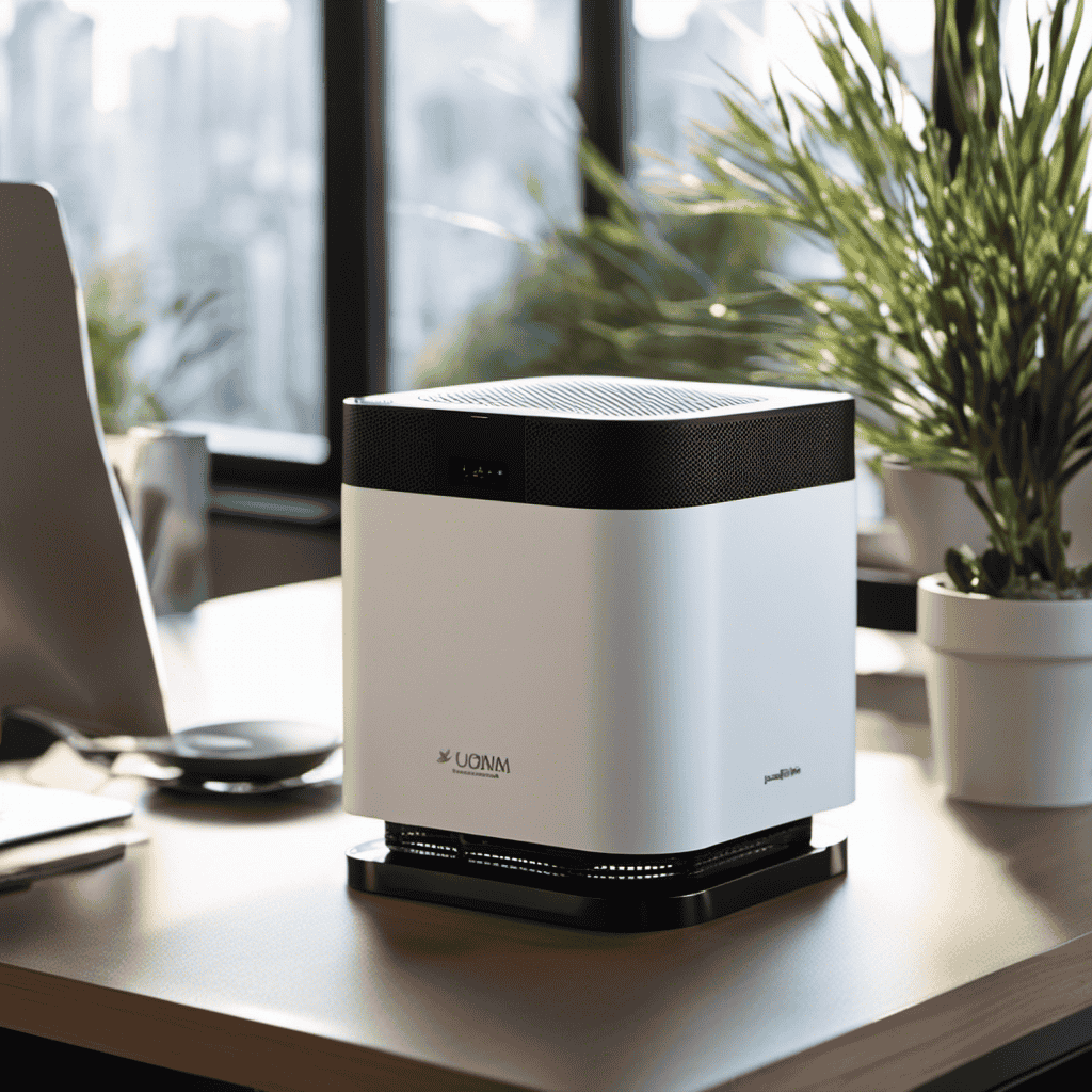 An image of a sleek, modern desktop air purifier placed on a clutter-free desk, surrounded by clean, purified air