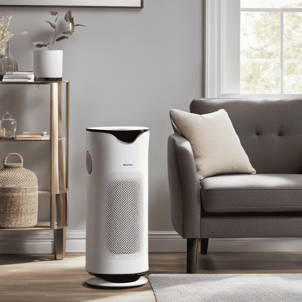 An engaging image showcasing an immaculate, sleek air purifier effortlessly eliminating dust particles and allergens from the air, with a user-friendly design that allows for effortless cleaning