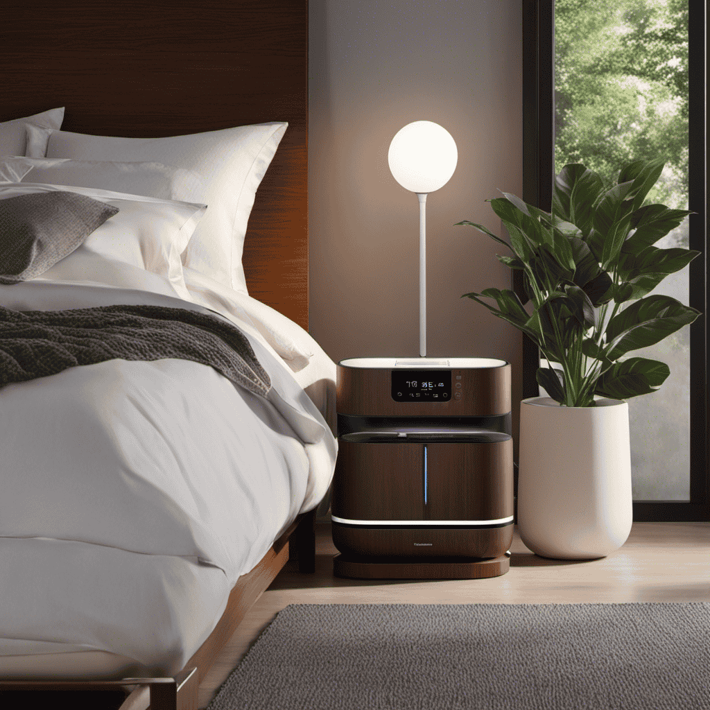 An image showcasing a sleek, space-saving combo air purifier and humidifier, nestled on a modern nightstand