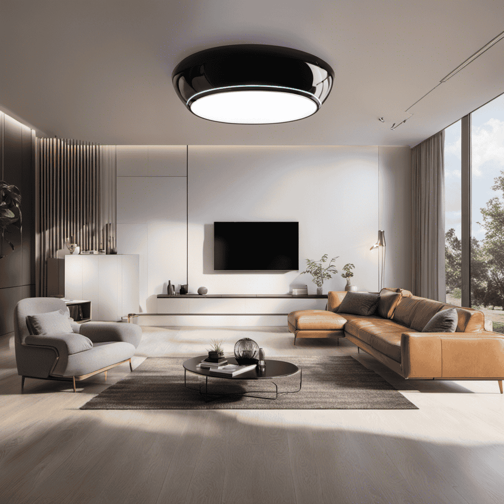 An image showcasing a sleek and modern living room, with a large, state-of-the-art air cleaner purifier positioned prominently