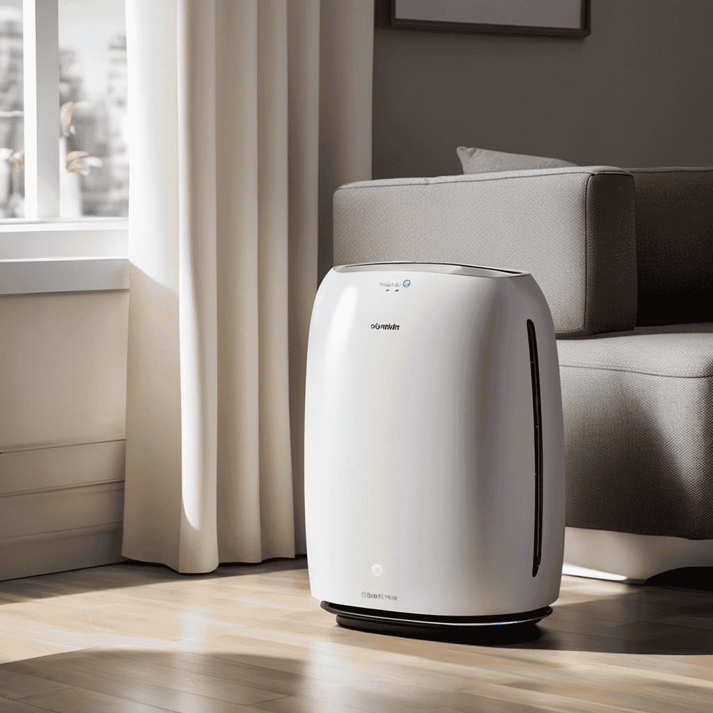An image showcasing a clutter-free room with a sleek, compact air purifier placed on a side table