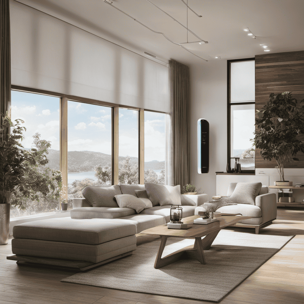 An image that showcases a sleek, modern living room with a large, floor-standing air purifier in the corner