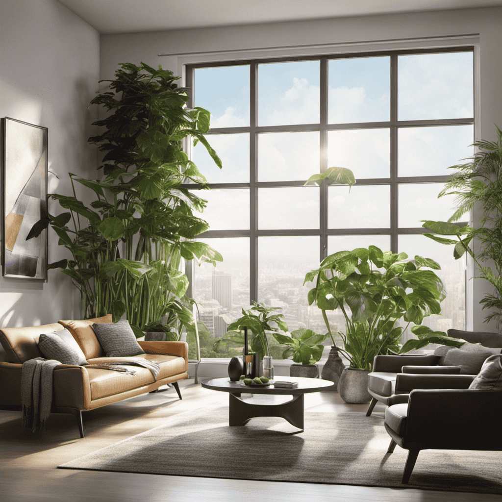 An image showcasing a sleek, modern living room with rays of sunlight streaming through spotless windows
