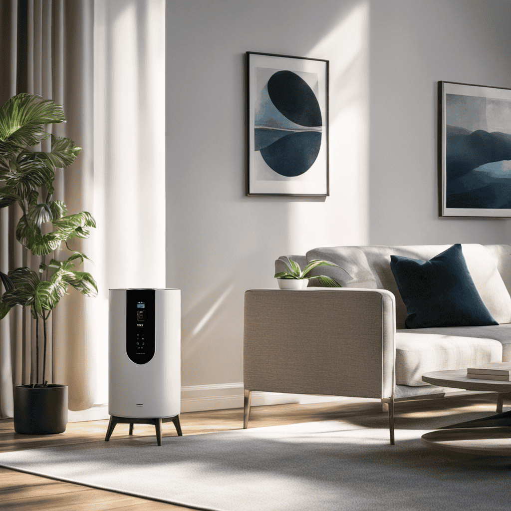 An image showcasing a modern living room with a sleek, white air purifier placed on a side table