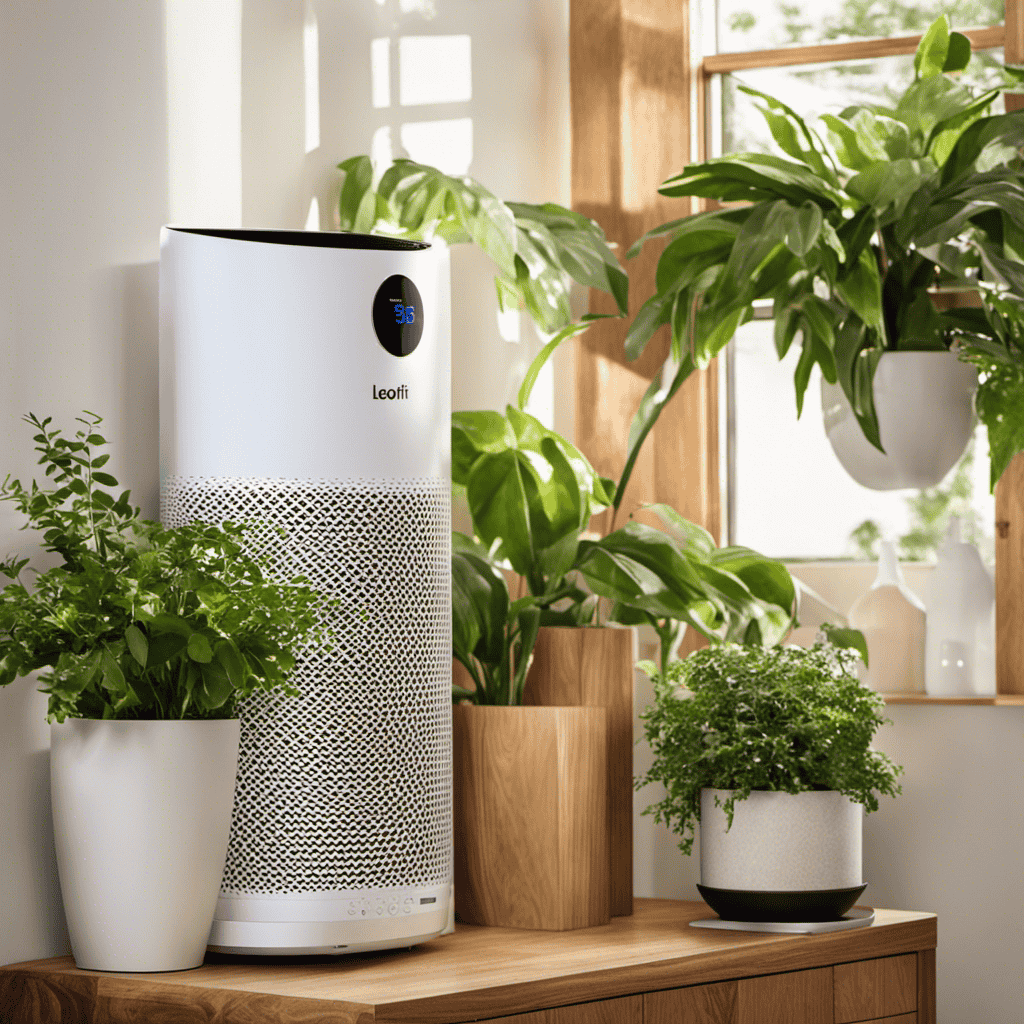 An image showcasing a sleek Levoit air purifier standing tall on a wooden shelf, surrounded by fresh green plants