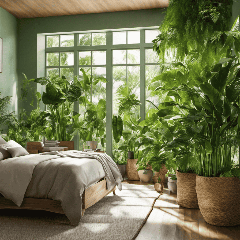 An image showcasing a lush, sun-drenched room adorned with vibrant green plants of varying sizes and shapes