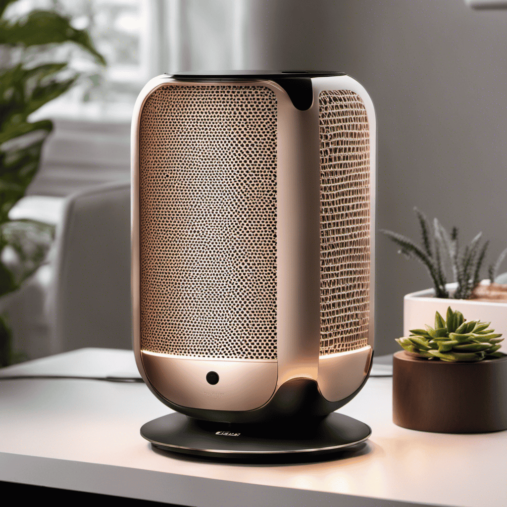 An image showcasing a sleek, compact personal air purifier on a clean, modern desk