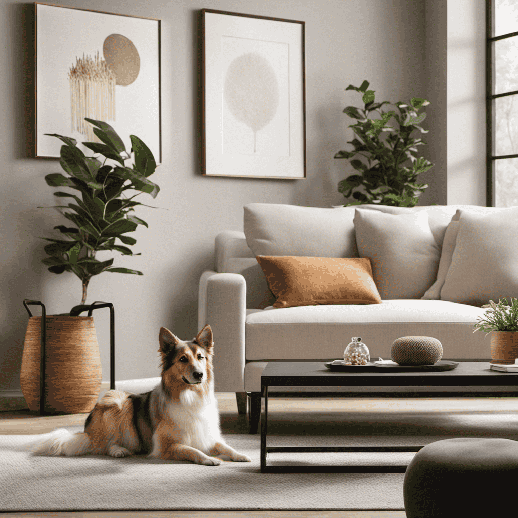 An image featuring a cozy living room with a playful dog and a serene cat, showcasing a sleek, modern air purifier seamlessly blending into the decor, effectively purifying pet dander and allergens