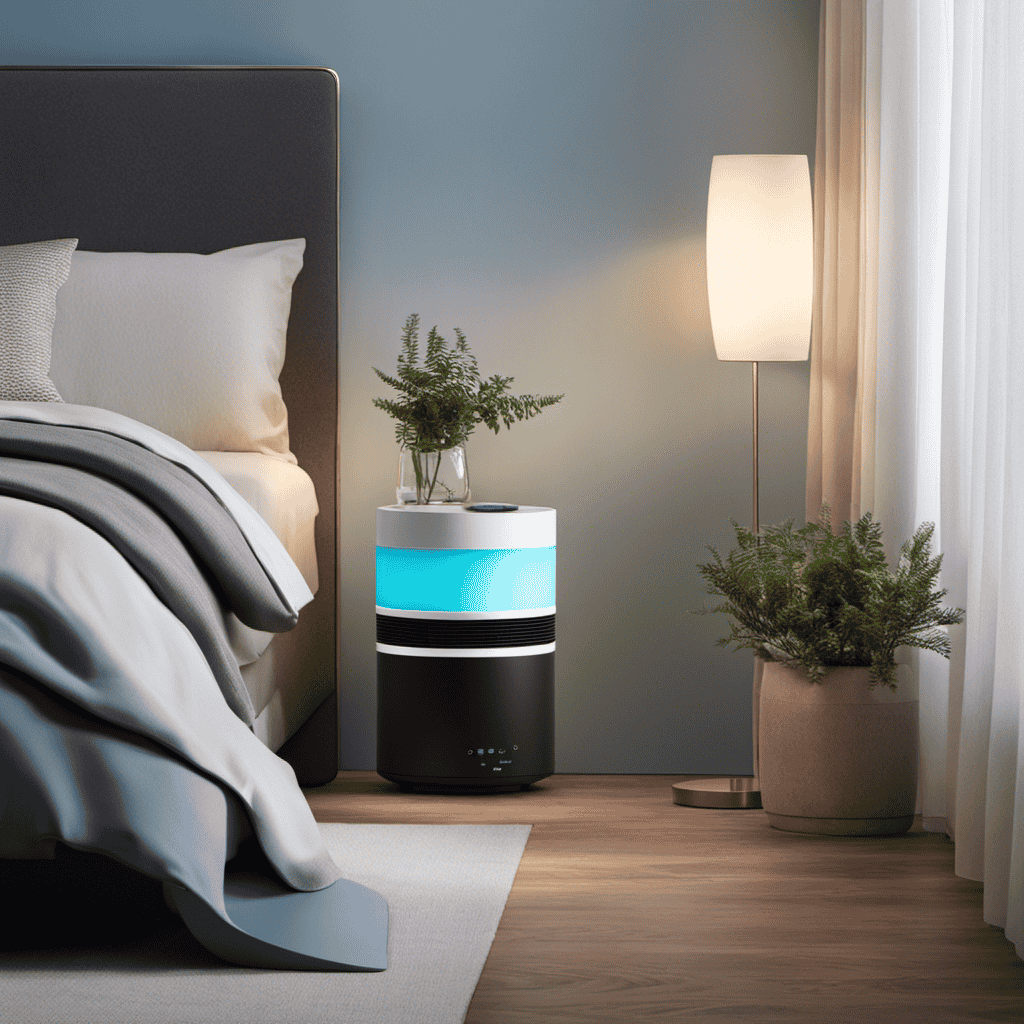 An image capturing a picturesque scene of a compact and sleek portable air purifier, elegantly placed on a bedside table amidst a cozy bedroom setting, emanating a gentle blue glow, purifying the air with quiet efficiency