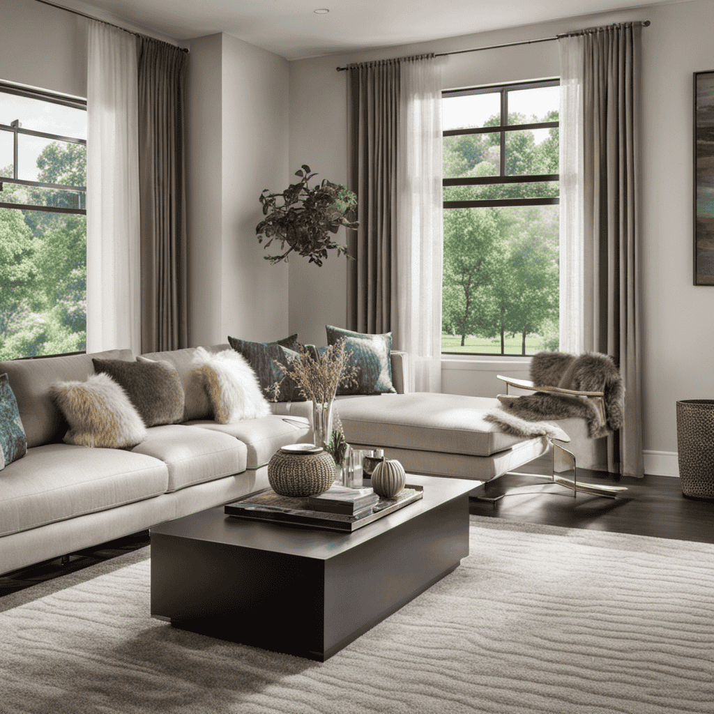 An image showcasing a sleek, modern living room with abundant natural light filtering through sheer curtains