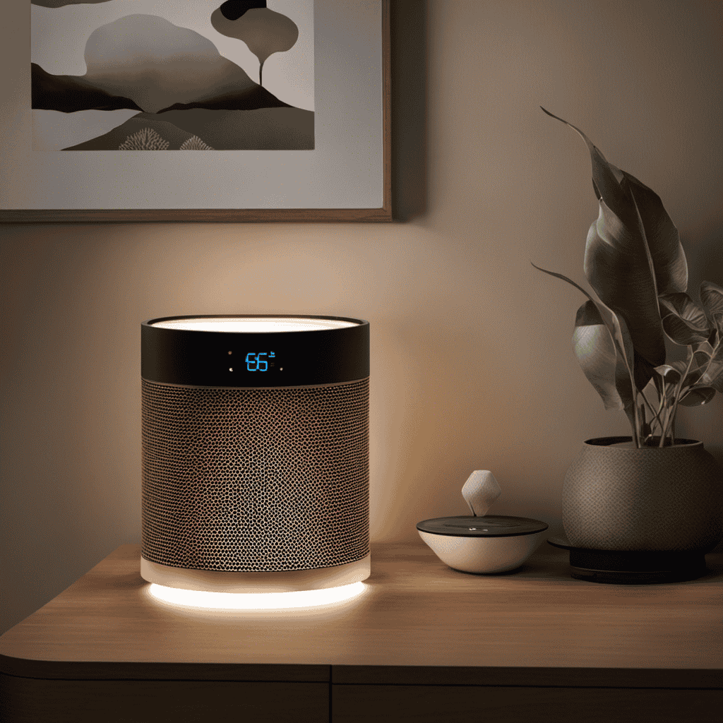 An image showcasing a compact air purifier placed on a bedside table, with soft ambient lighting, gently purifying the air, as it captures and eliminates microscopic particles, providing a clean and refreshing environment