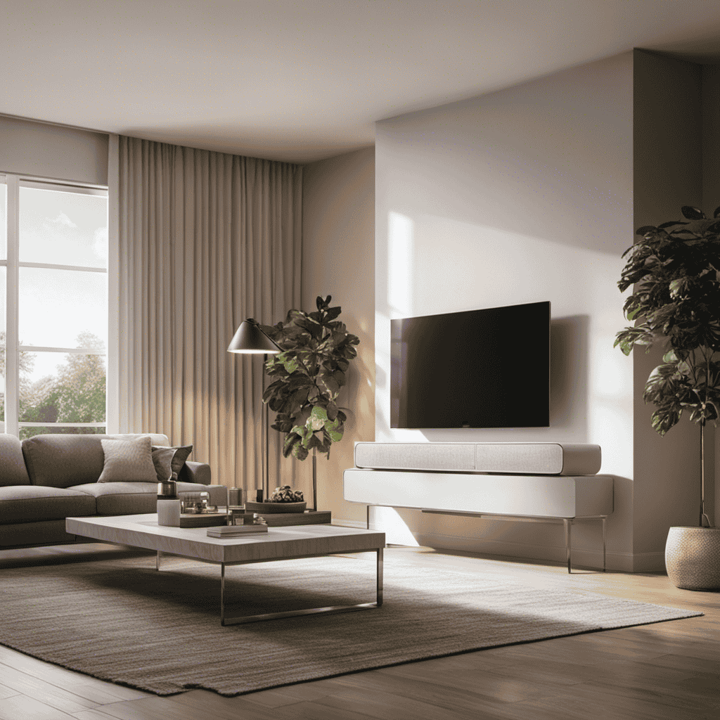 An image showcasing a spacious, well-lit living room with an air purifier subtly positioned near a window