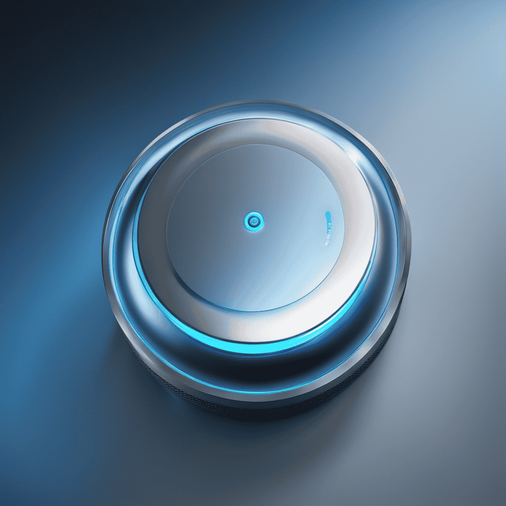 An image featuring a close-up view of an air purifier with a prominent blue button