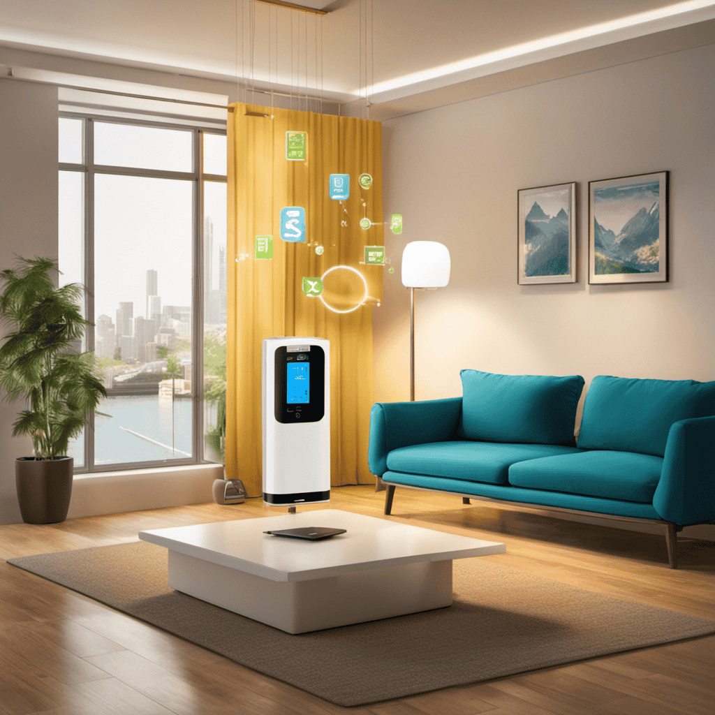 An image depicting a modern living room with a plug-in air purifier