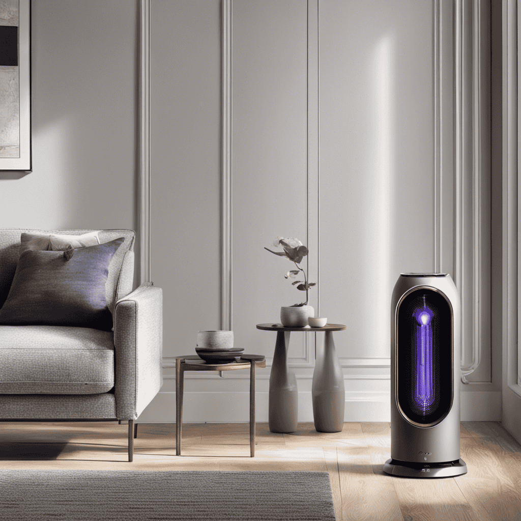 An image showcasing the powerful coverage of the Dyson Air Purifier: A spacious living room filled with clean, crisp air, as the purifier efficiently eliminates allergens, pollutants, and odors, ensuring a fresh and healthy environment