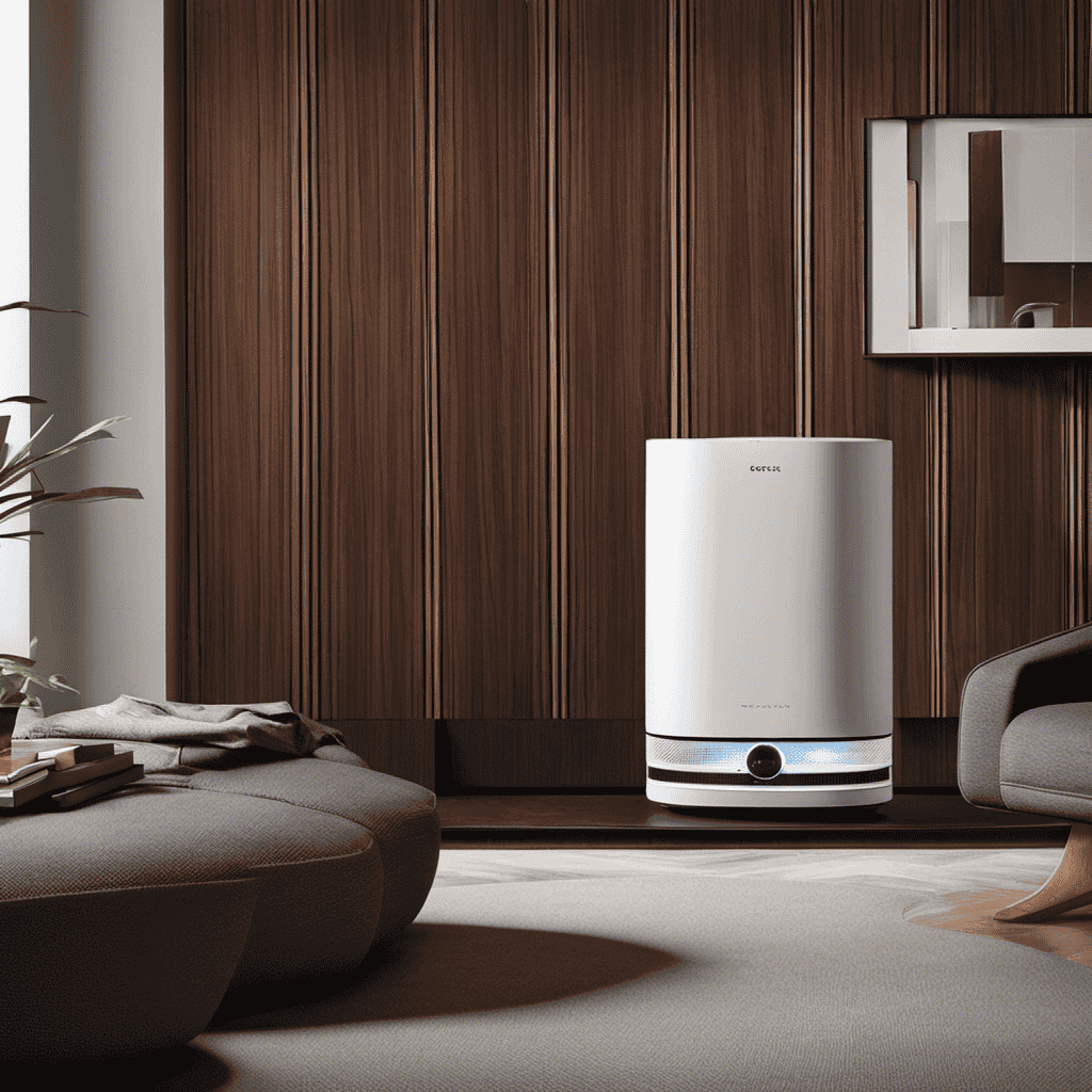 An image showcasing two distinct objects side by side: an air purifier, characterized by its sleek design, HEPA filter, and indicator lights; and an air diffuser, featuring a woodgrain finish, mist output, and calming LED lights