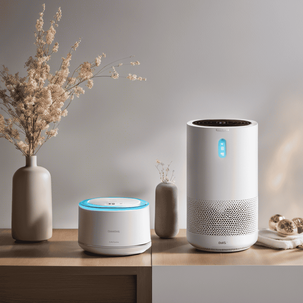 An image that shows two devices side by side - one purifying the air with a filtration system, removing allergens and pollutants, while the other moisturizes the surrounding air, emitting a fine mist to combat dryness