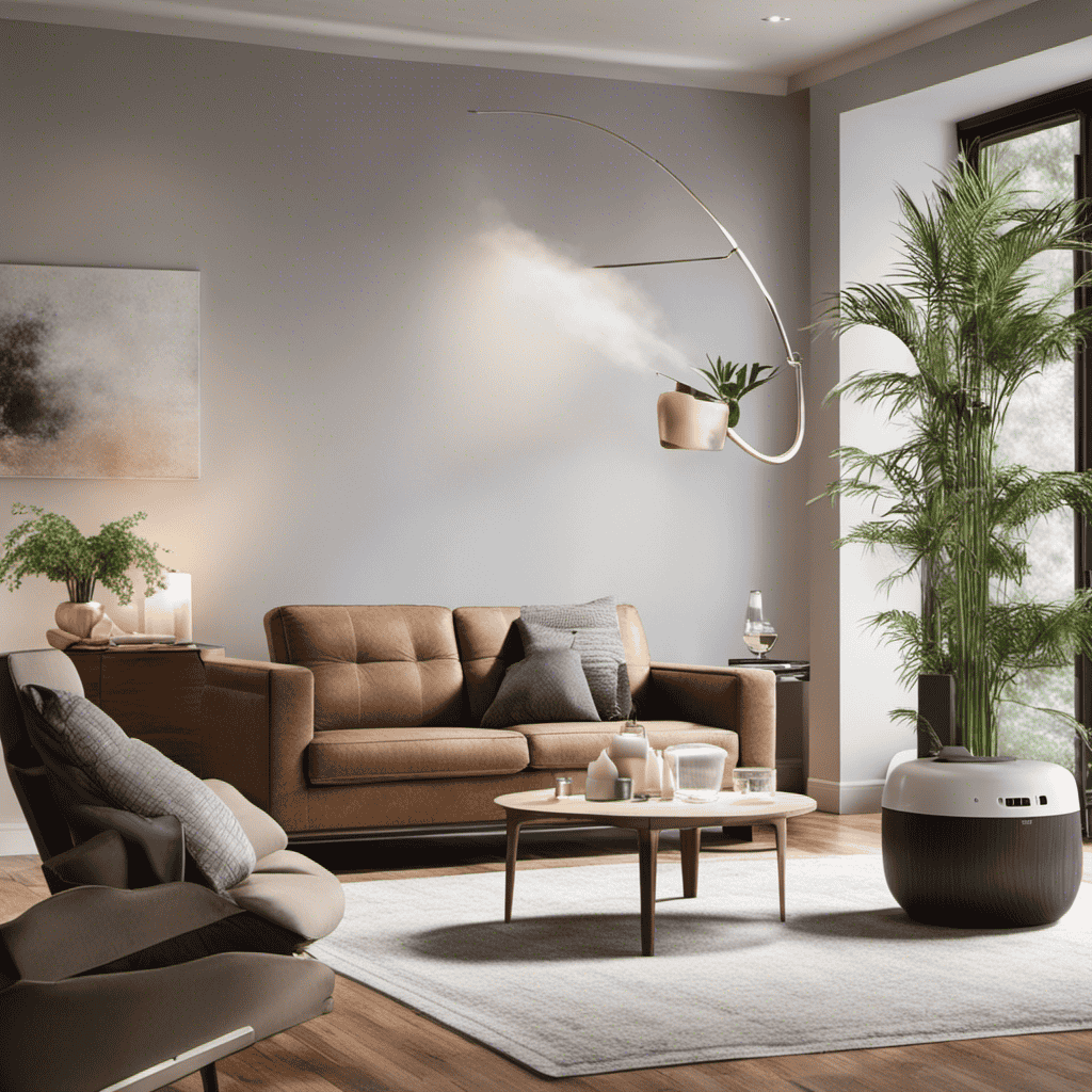 An image showcasing a serene living room with a humidifier emitting a fine mist, while an air purifier filters airborne particles, capturing allergens and pollutants