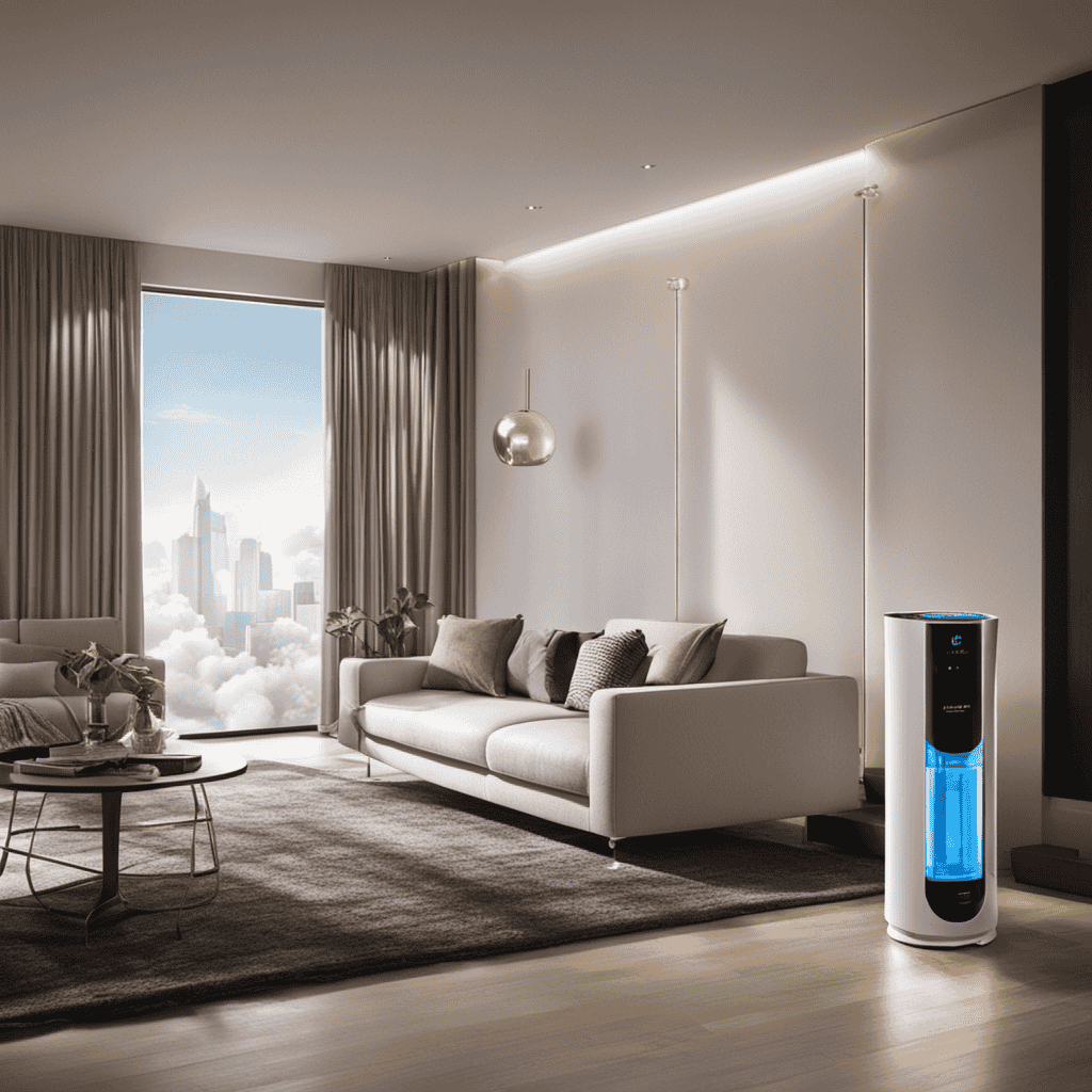 An image showing a room with an air purifier on one side, removing allergens and pollutants, while a humidifier on the other side adds moisture to the air