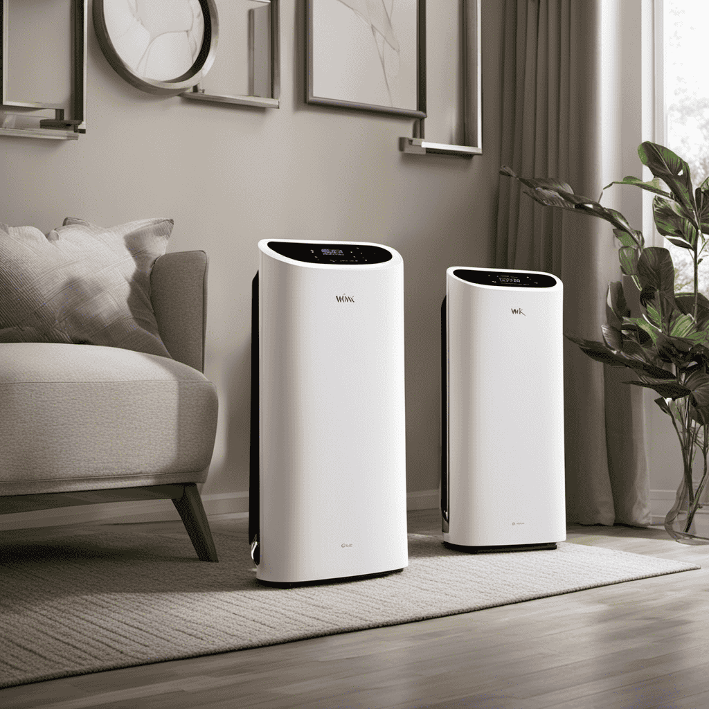 An image showcasing two sleek air purifiers side by side, highlighting their unique features