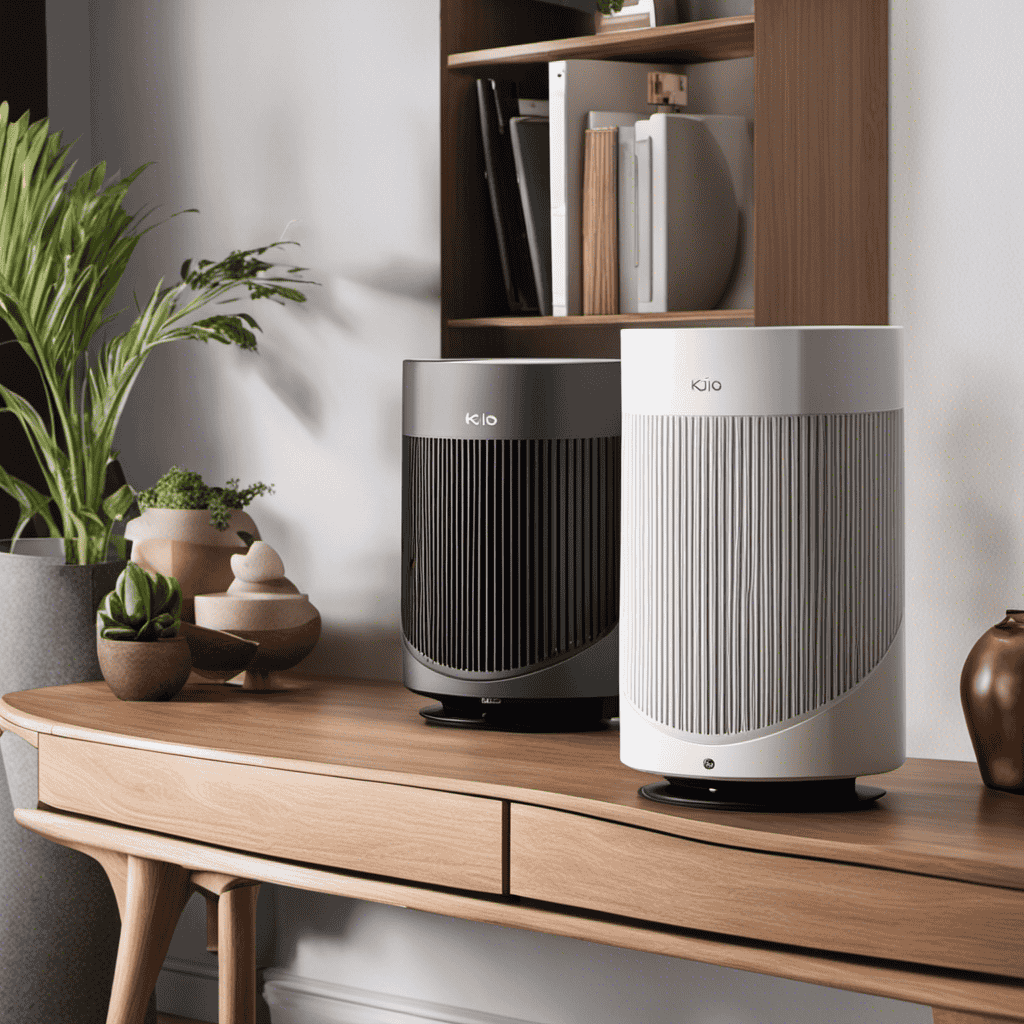 An image showcasing two sleek and modern air purifiers side by side – one being the Mooka Air Purifier and the other the Koios Air Purifier – highlighting their distinct design features