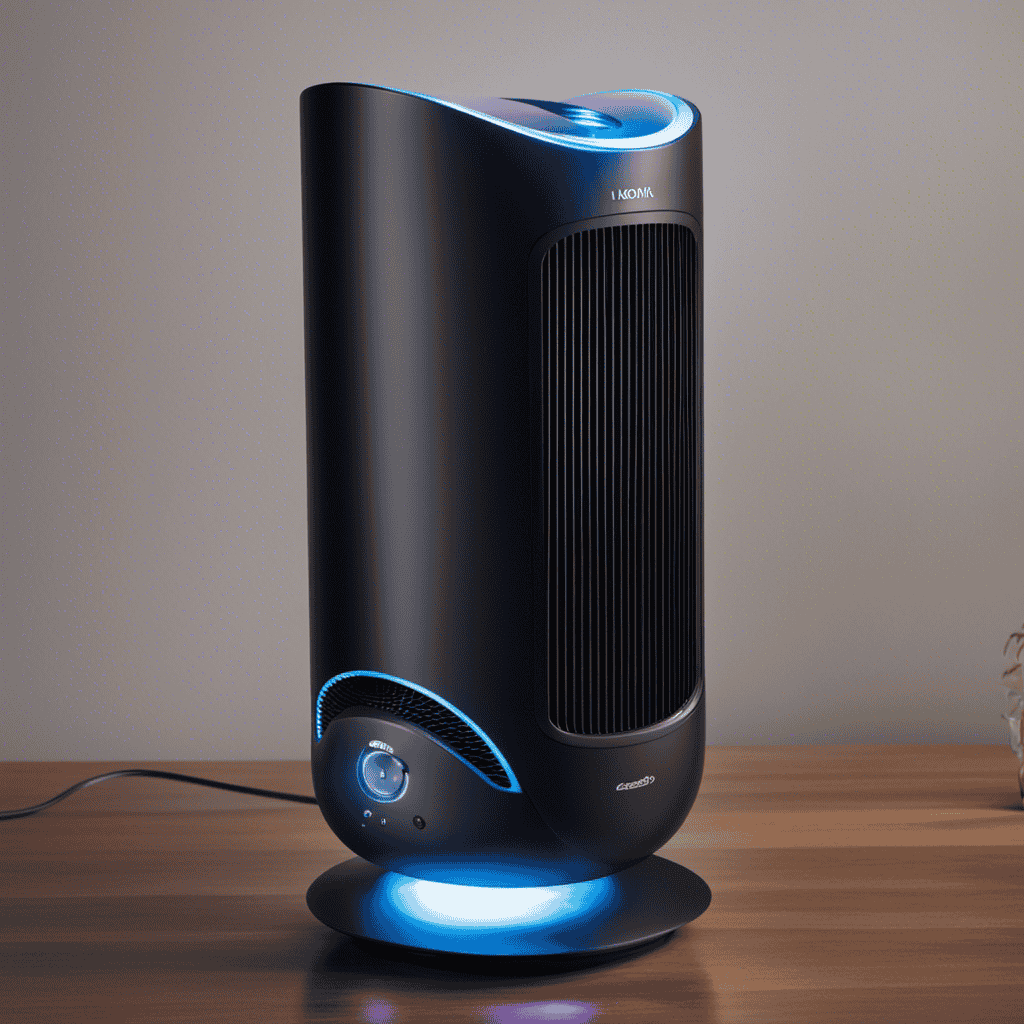 An image showcasing an ionizing air purifier emitting harmful ozone particles, surrounded by an invisible cloud of pollutants