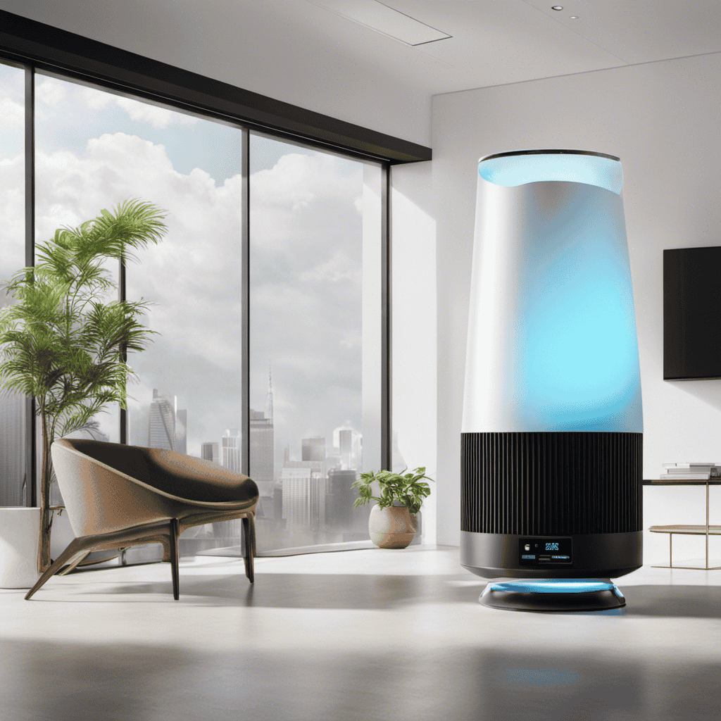 An image showcasing a modern air purifier emitting clean, purified air into a room, while highlighting the absence of harmful ozone emissions