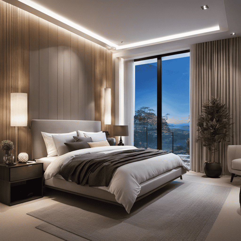 An image showcasing a serene bedroom with an air purifier quietly humming in the corner, capturing microscopic particles in the air and emitting clean, fresh air, symbolizing the vital function of air purifiers