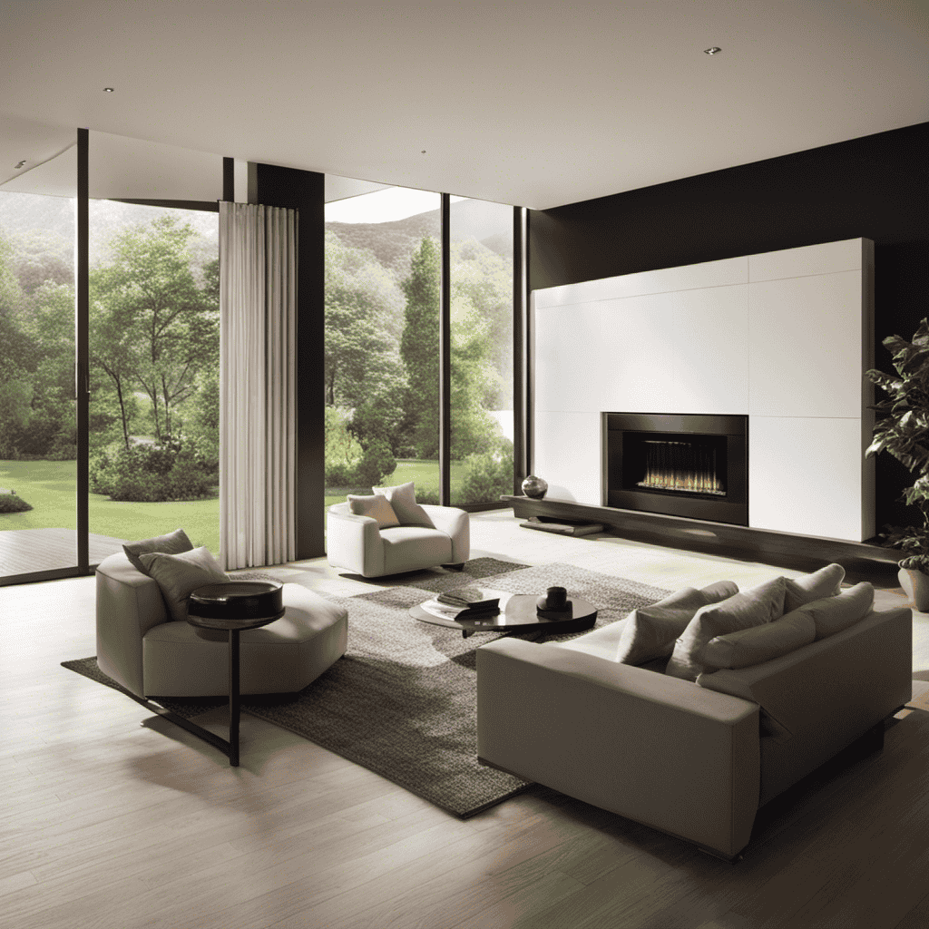 An image showcasing a sleek, modern living room with large windows, where rays of sunlight filter through pure, fresh air