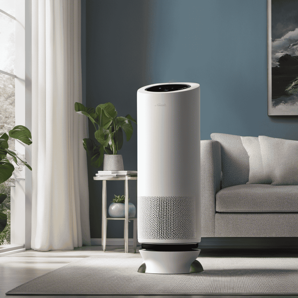 An image showcasing a sleek, modern air purifier, surrounded by a pristine environment