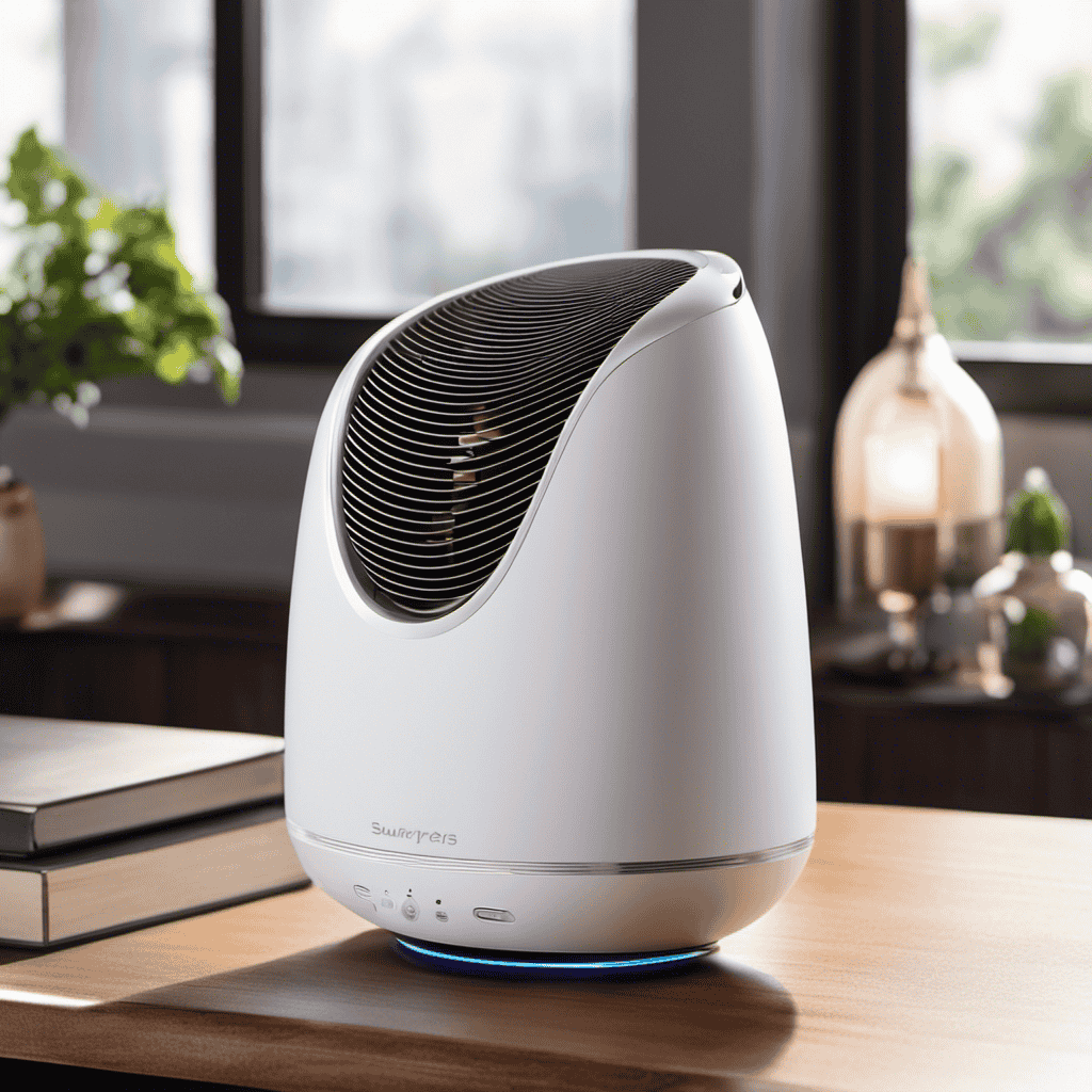 An image showcasing a sleek, portable air purifier placed on a wooden table near a sunlit window