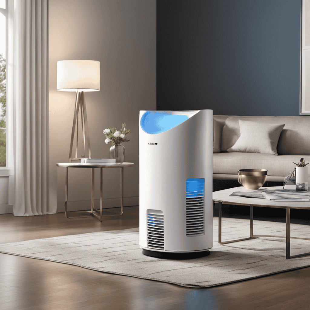 An image showcasing a compact air purifier placed strategically in the corner of a well-lit, spacious living room