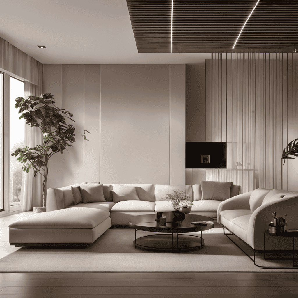 An image showcasing a sleek, minimalist living room setting with a high-tech air purifier placed prominently