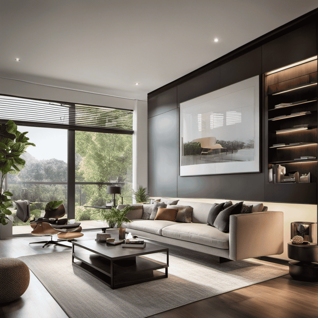 An image showcasing a sleek, modern living room with abundant natural light