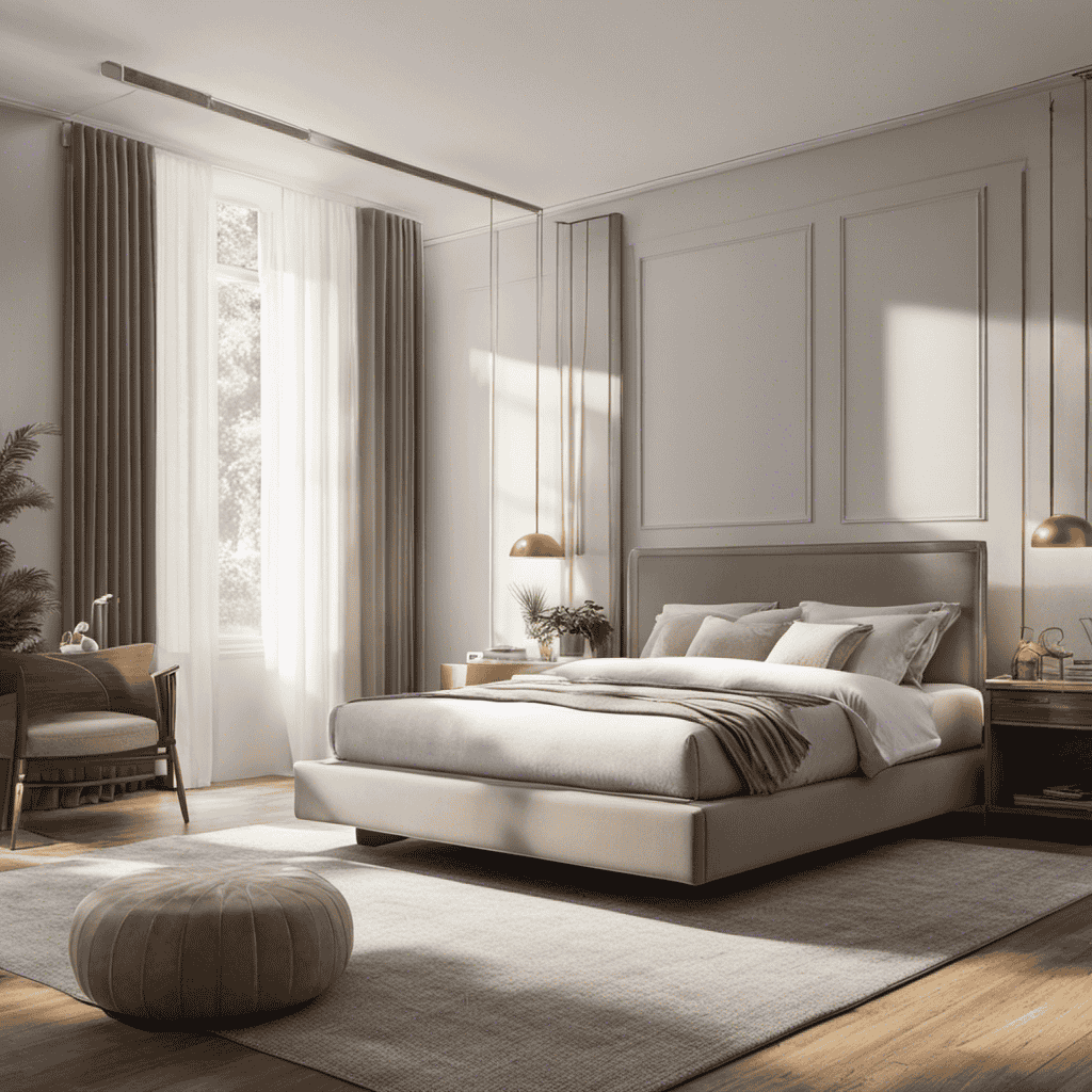 An image showcasing a serene bedroom setting, with an air purifier quietly purifying the air