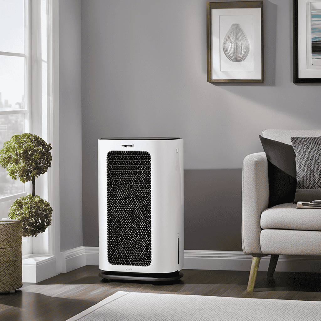 An image that showcases the intricate design of a Honeywell air purifier's pre-filter, capturing its fine mesh structure, capturing airborne particles, and its positioning within the purifier unit