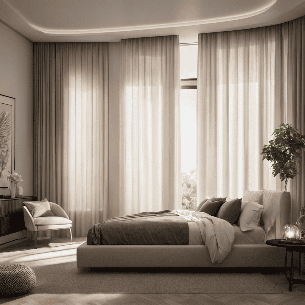 An image depicting a serene bedroom with a sleek air purifier quietly eliminating microscopic particles from the air