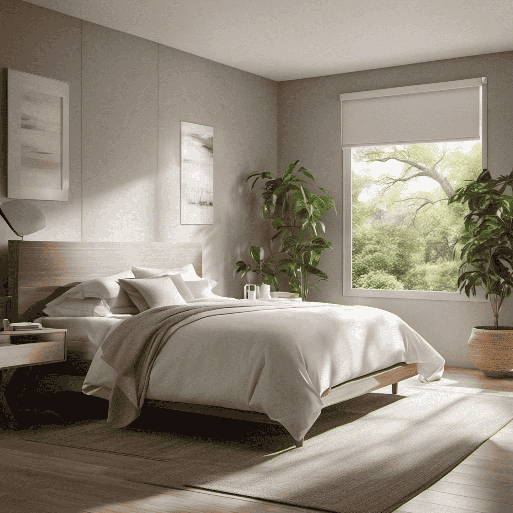 An image showing a serene bedroom scene with an air purifier quietly humming in the corner, surrounded by fresh air particles being peacefully captured and purified, illustrating the purpose of an air purifier