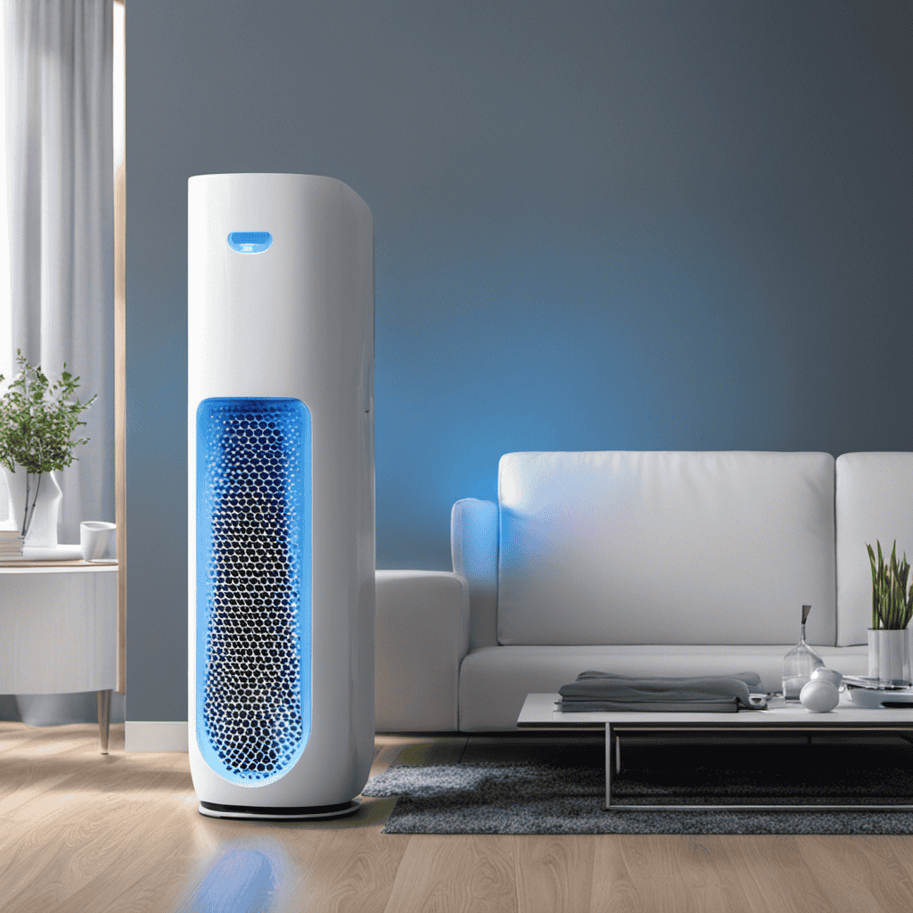 An image showcasing an air purifier emitting millions of negatively charged ions, illustrated by vibrant blue particles, attracting and neutralizing airborne pollutants like dust, smoke, and allergens, resulting in cleaner and fresher indoor air