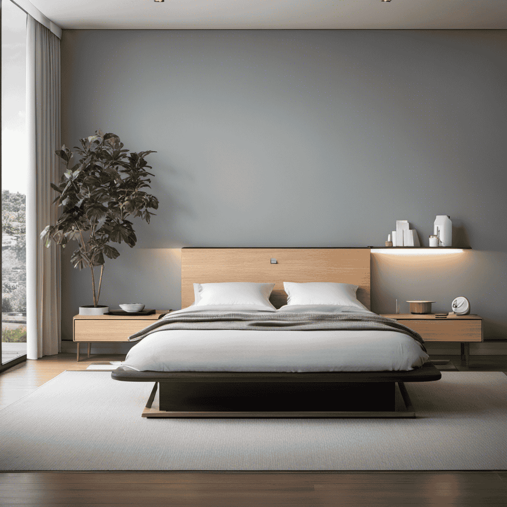 An image showcasing a serene bedroom setting with a sleek, compact air purifier softly emitting purified air
