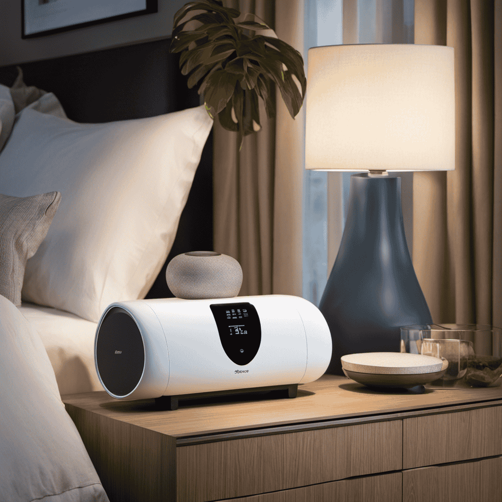An image showcasing a serene bedroom environment, with a sleek and compact HEPA air purifier positioned on a nightstand