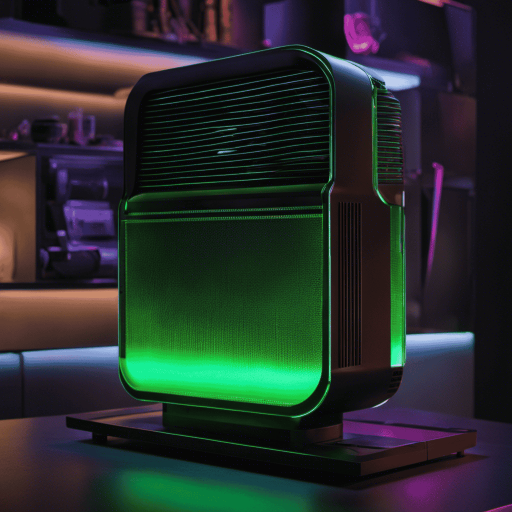 An image of an air purifier with a pulsating, neon green light emanating from its control panel