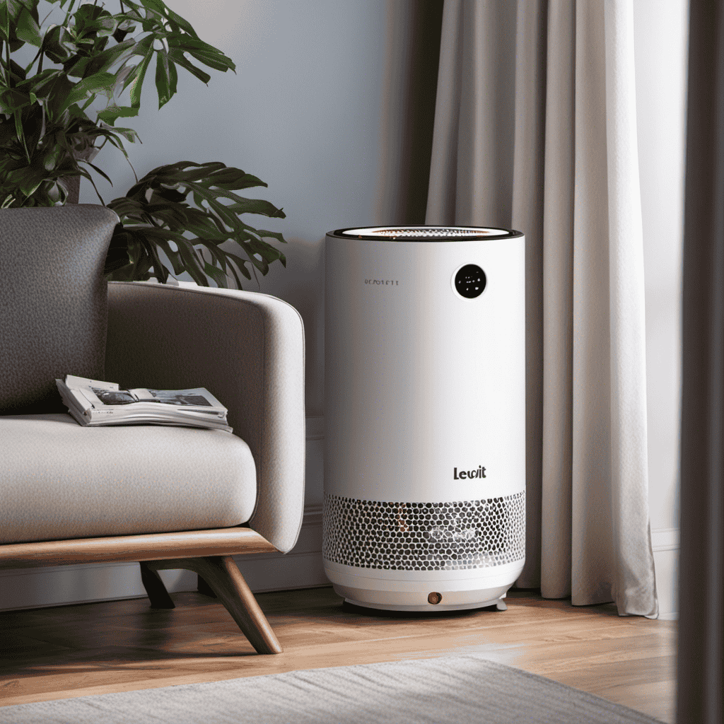 An image that showcases a Levoit air purifier with a red indicator light glowing brightly, illuminating the surrounding space
