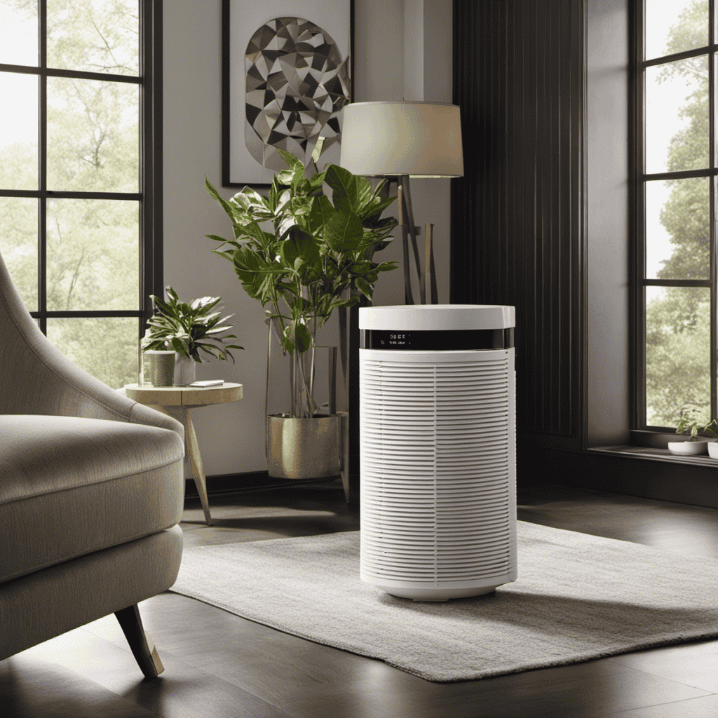 An image showcasing a serene living room, bathed in natural light, with a sleek, modern air purifier quietly purifying the air