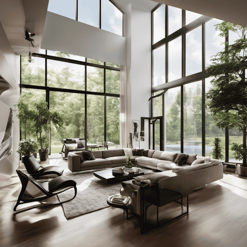 An image showcasing a sleek, modern living room with abundant natural light streaming in through large windows