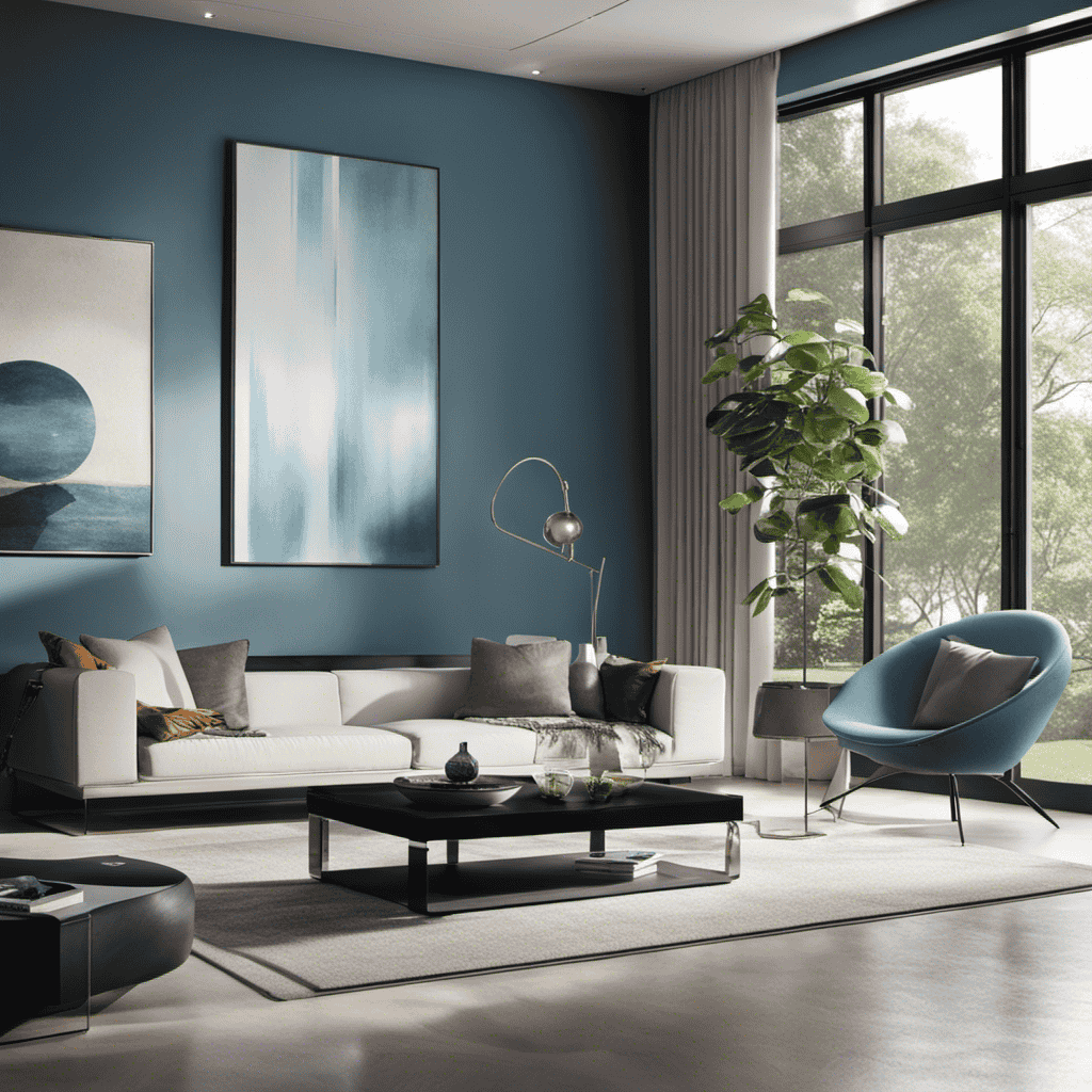 An image showcasing a sleek, modern living room with sunlight streaming through open windows
